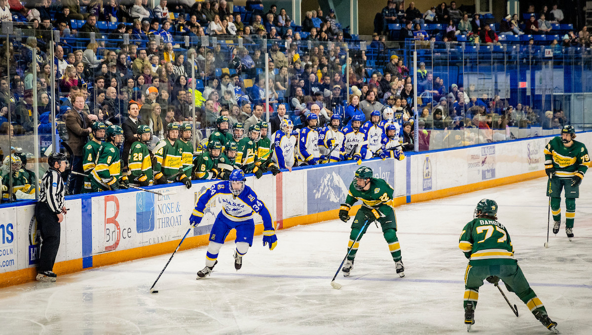 Nanooks playing against the Seawolves in 2023-24 gov cup game while Nanook fans cheer.