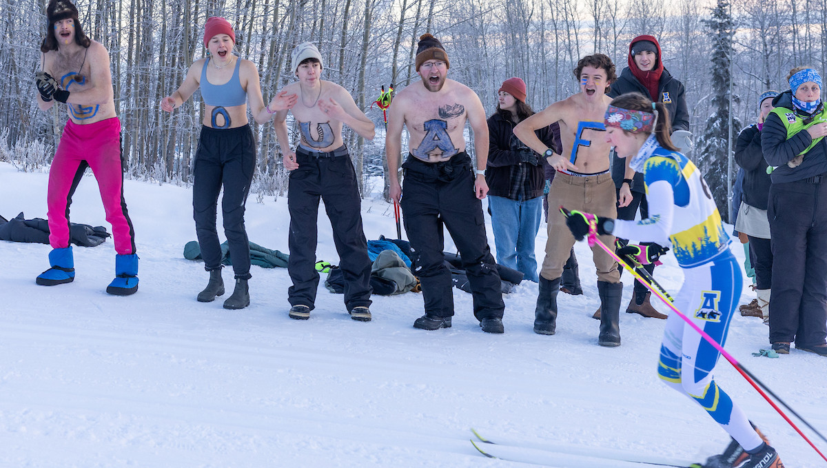 Nanook skier racing up a hill while fans with UAF paint cheer her on.