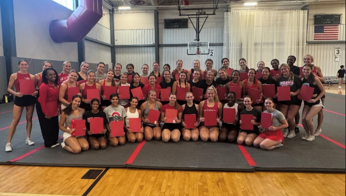 Group photo of the all-womens cheer team at Ohio State