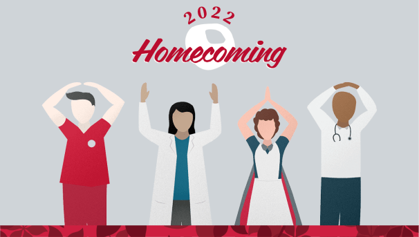 Clipart of different healthcare workers making OHIO with their hands. Above reads 2022 Homecoming