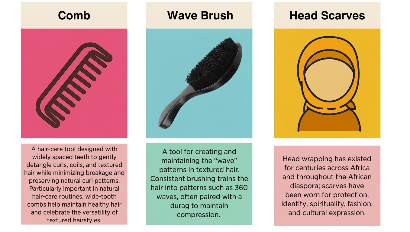 Graphics and descriptions of a comb, wave brush, and head scarf given out at pop-up events.