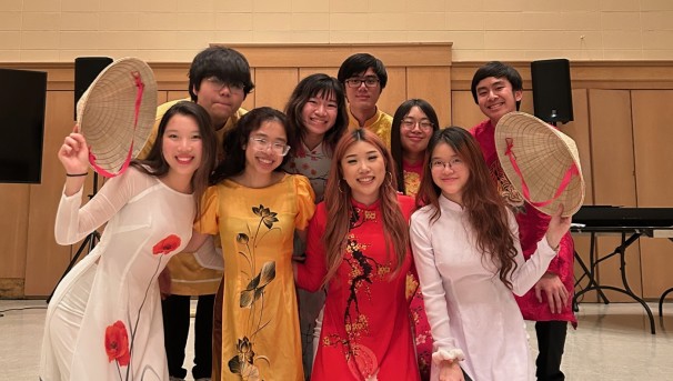 Members of the Vietnamese Student Association perform a hat dance at Southeast Asian Night 2023.