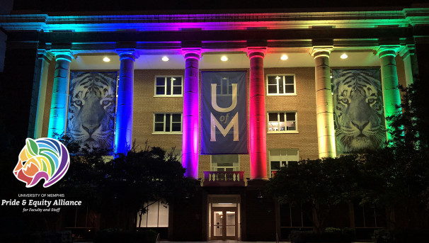 University of Memphis Administration Building with Rainbow Spotlights