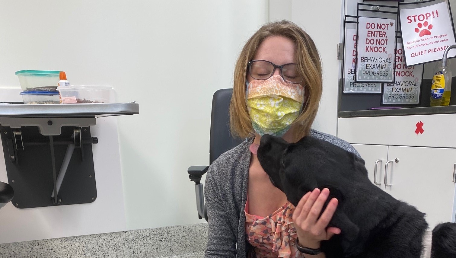 Individual wearing a mask while a dog gives them a kiss