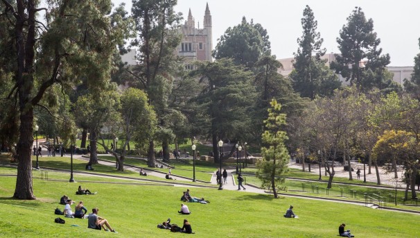 Students lounge on lawn near Janss Steps