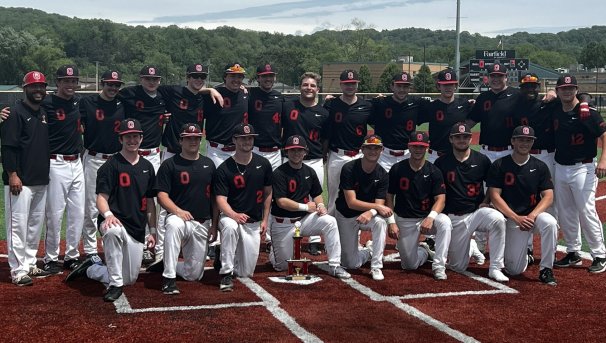 Baseball Club players at The Ohio State University posing for a team photo on a baseball field