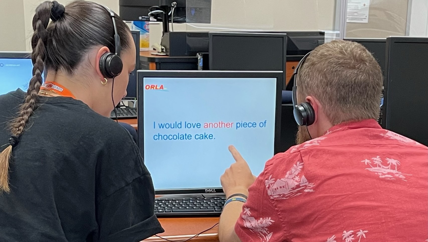 Ryan and Abi during Cowboy Aphasia Camp computer lab.