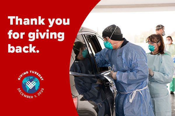 Nurses testing person in car with quote of thanks