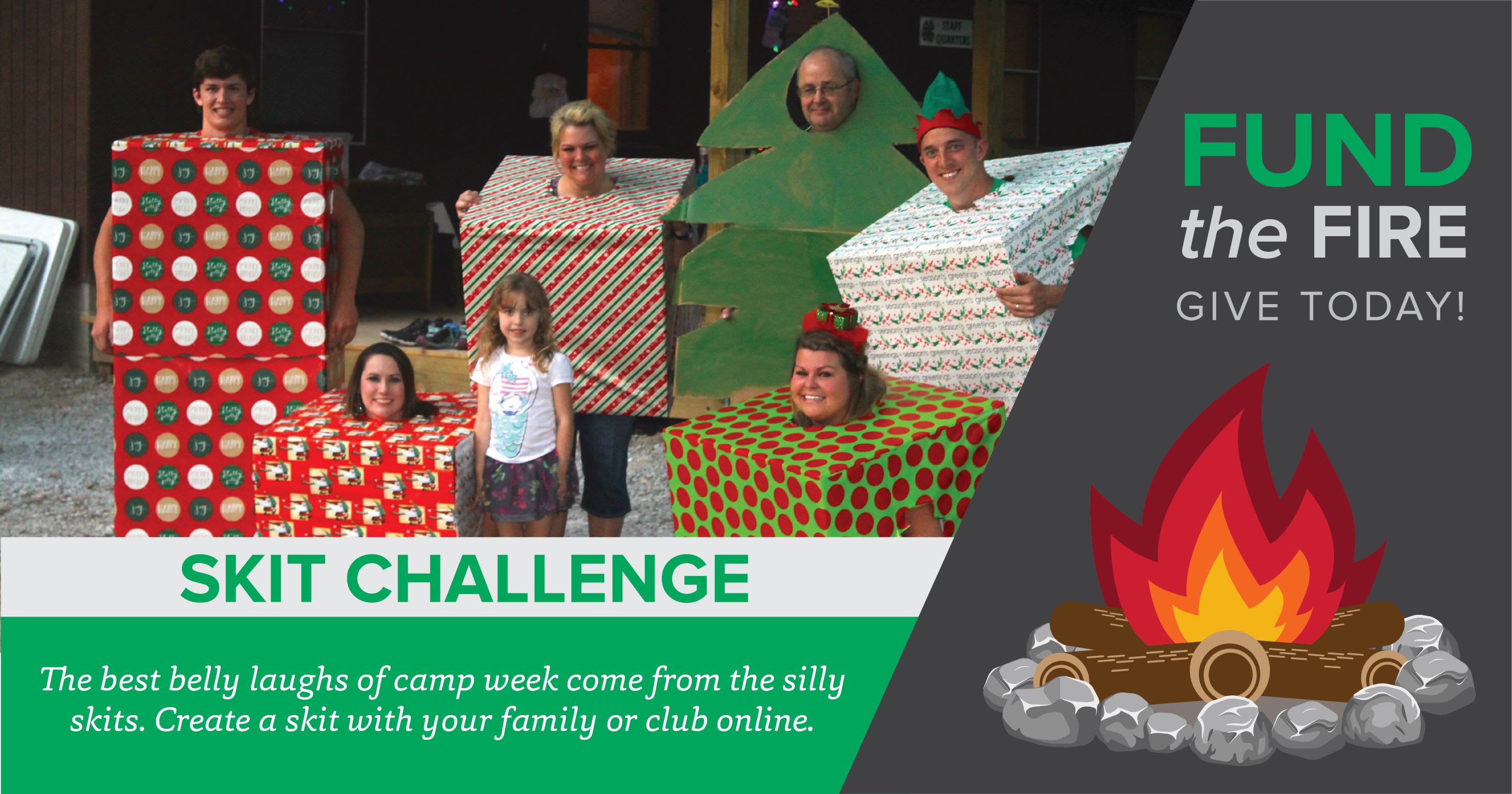 Campers and counselors dressed as presents