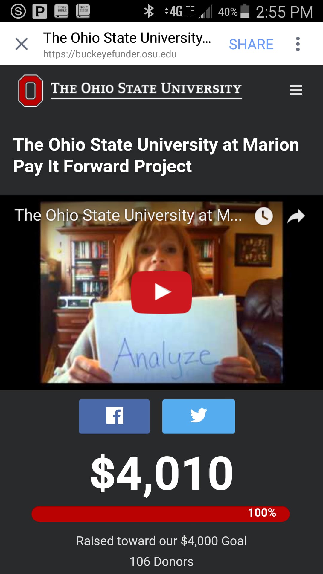 Screenshot of thumbnail video and donation goal