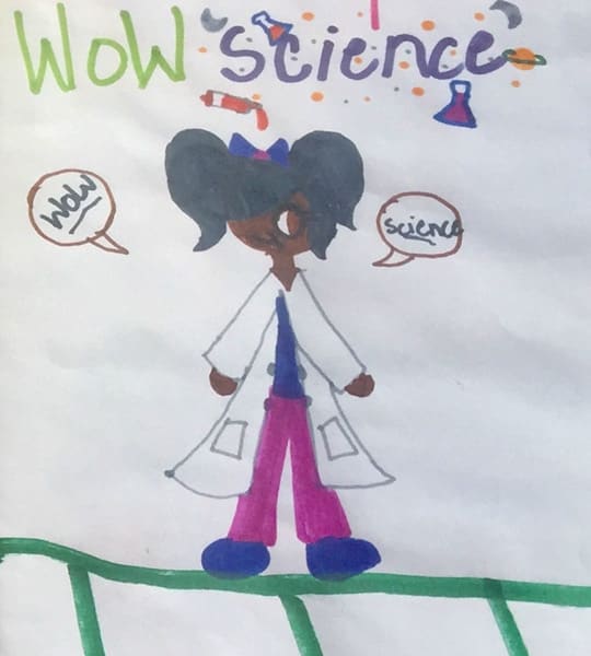 A drawing of a WOW scientist in a white coat