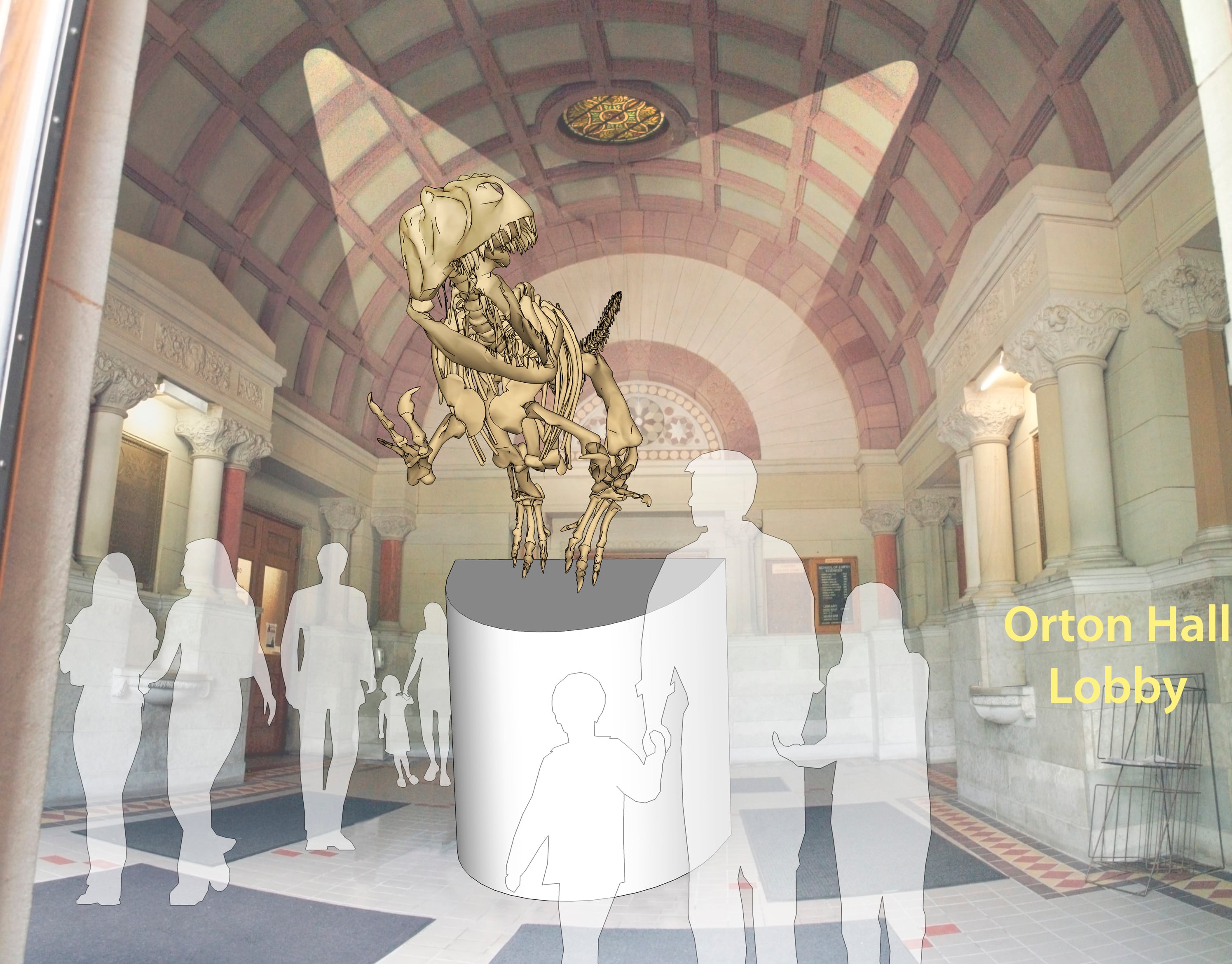 A rendering of the future dinosaur in the lobby