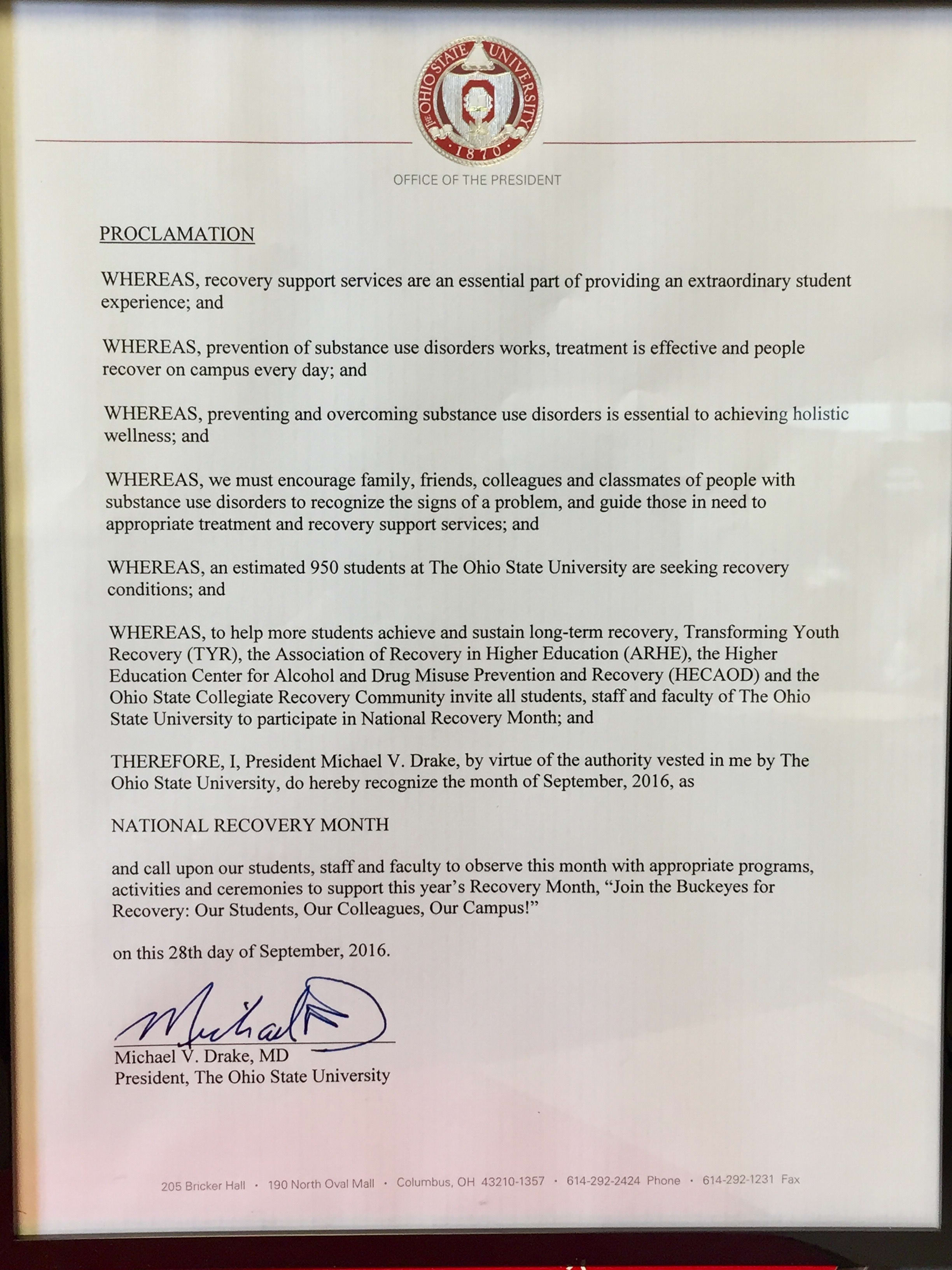 A photo of a proclamation, signed by OSU President