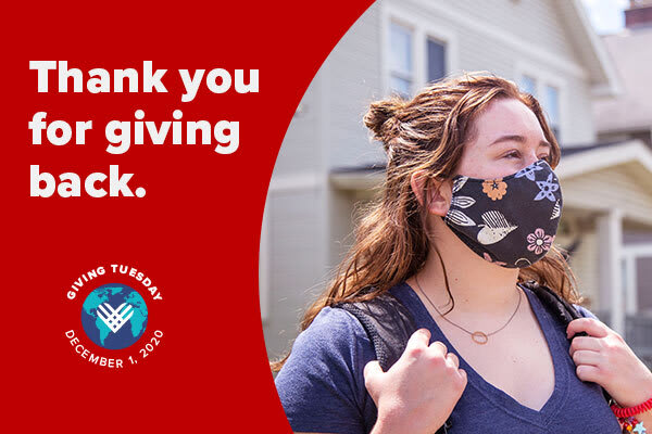 Student wearing floral mask with word of thanks