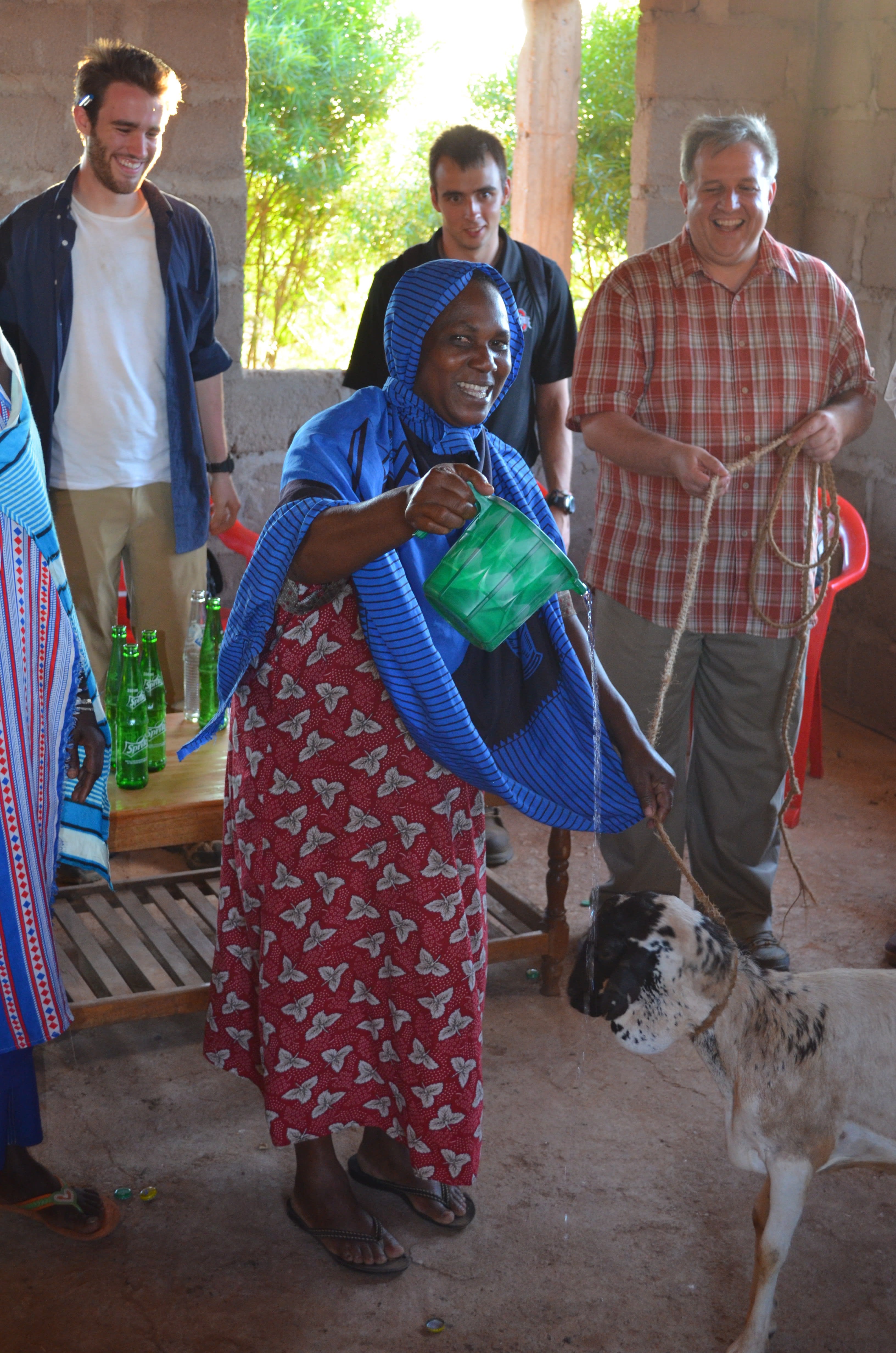 A woman wearing a dress holds a leashed goat