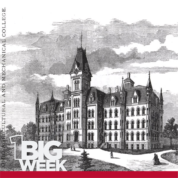 A historical drawing of a college building at OSU