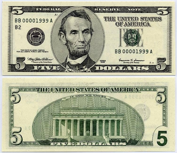 A front and back view of a 5 dollar bill