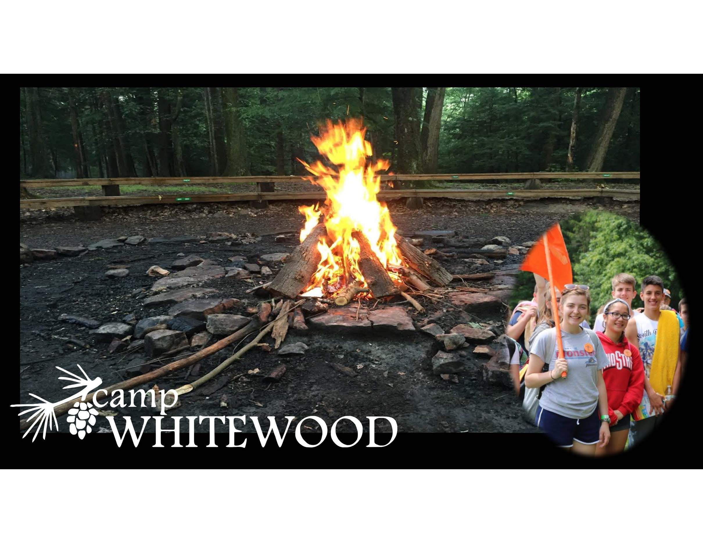 Camp Whitewood's logo with a fire and campers