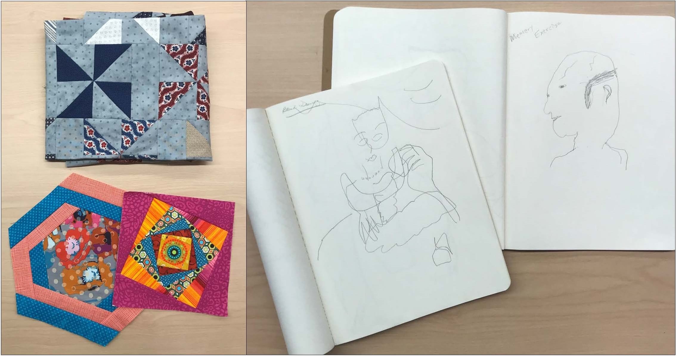 A collage of various drawing and knitted projects