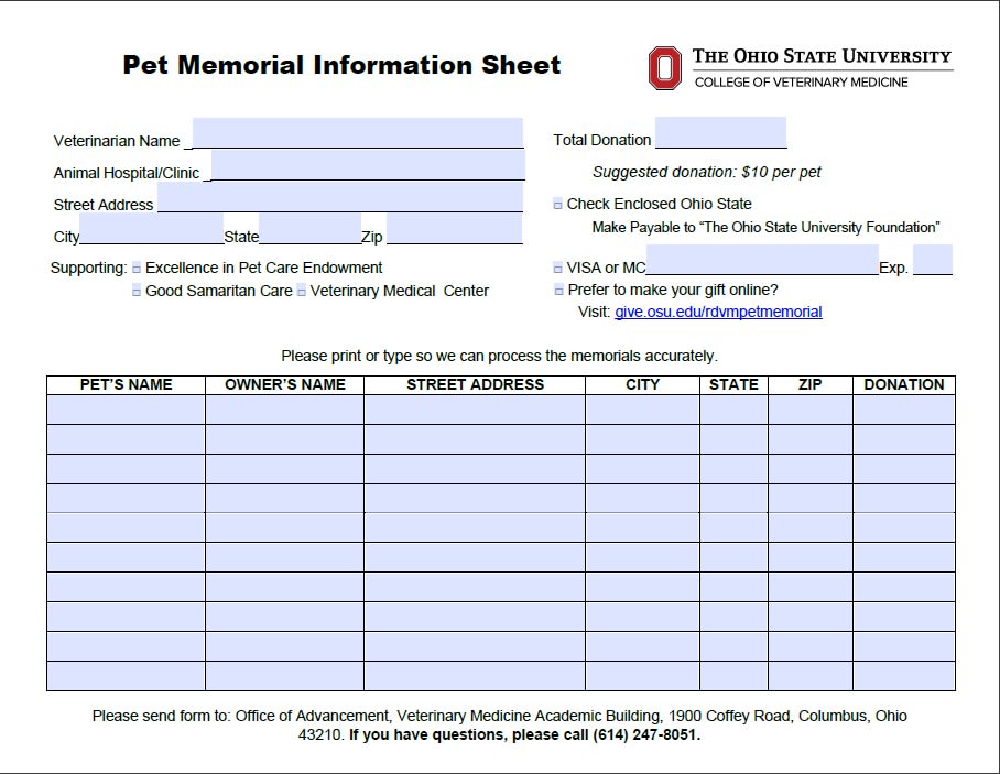 A blank Pet Memorial Information Sheet