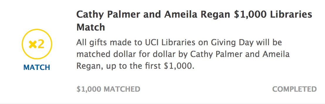 Image for Update: UCI Libraries has raised $3,825 from 25 gifts!
