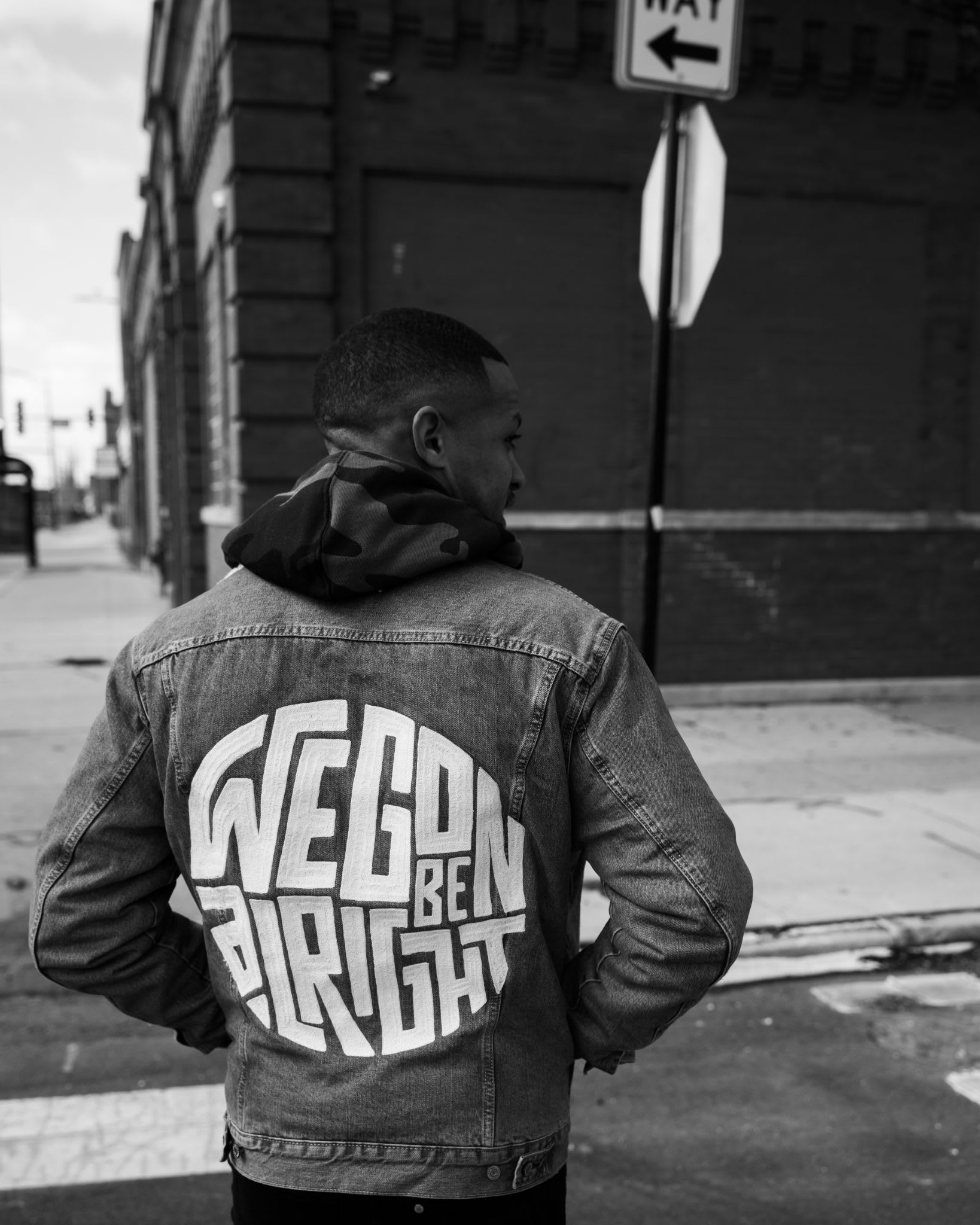Ade Hogue wearing a jacket he designed.