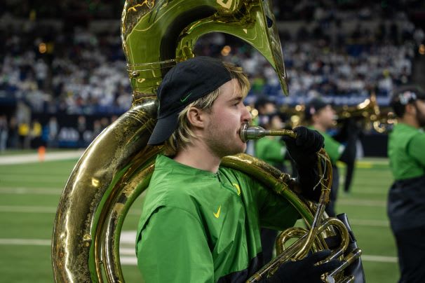 A sousaphone player on the field
