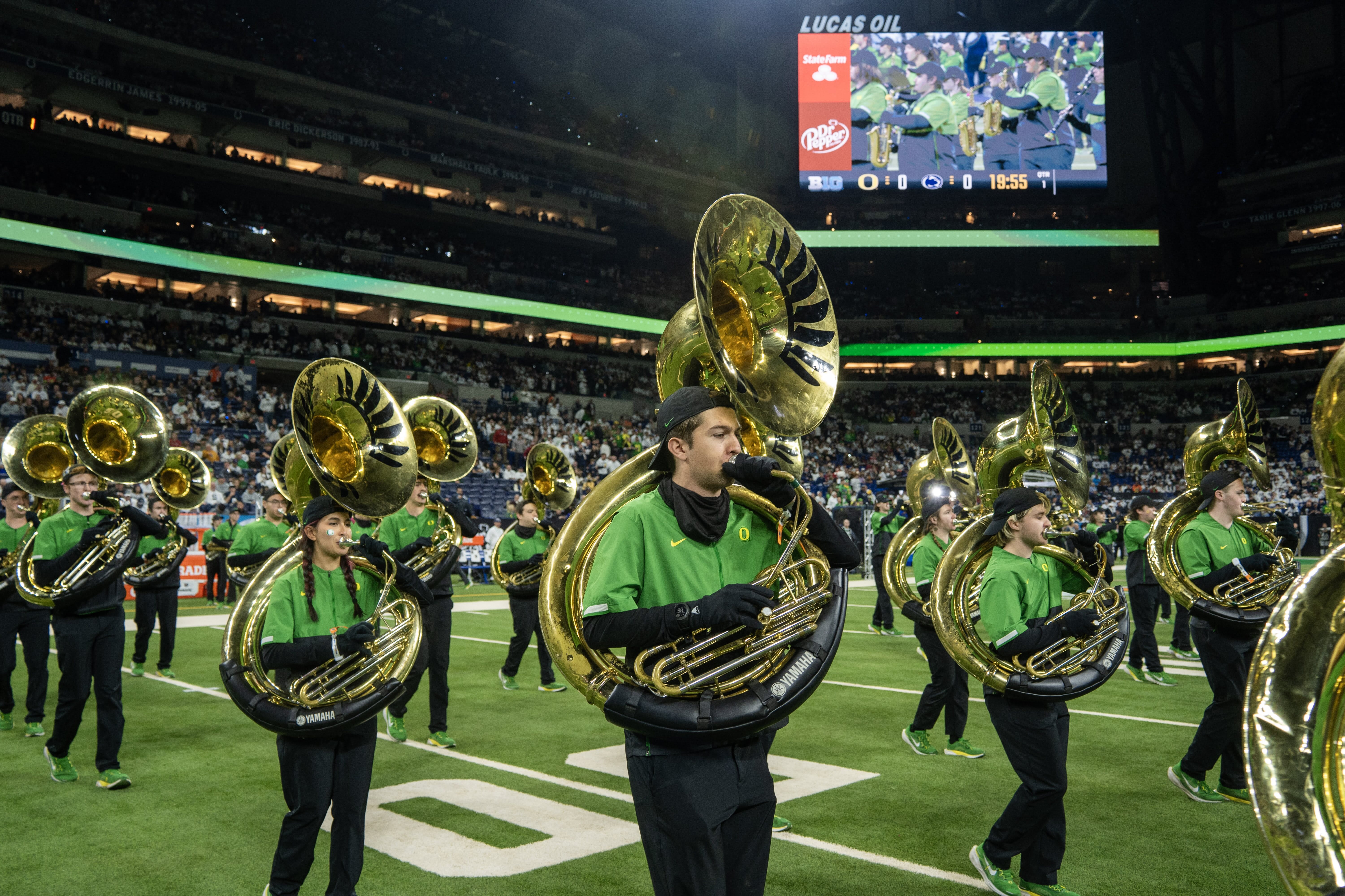 Marching band playing In Lucas Oil Stadium