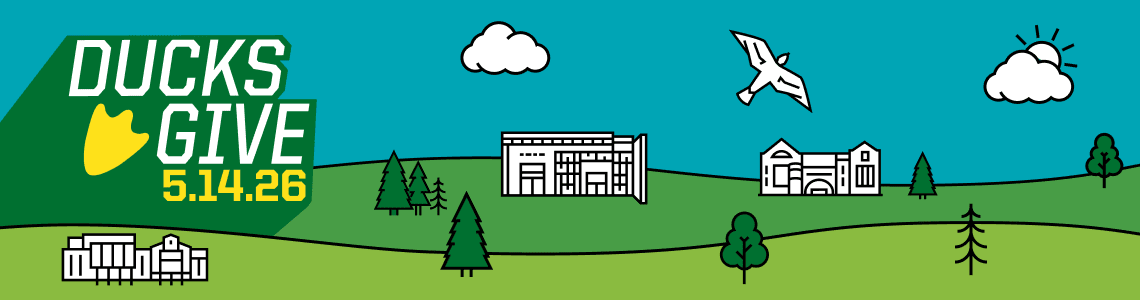 A UO landscape in blue and greens and with buildings on the UO campus. The Ducks Give logo at left