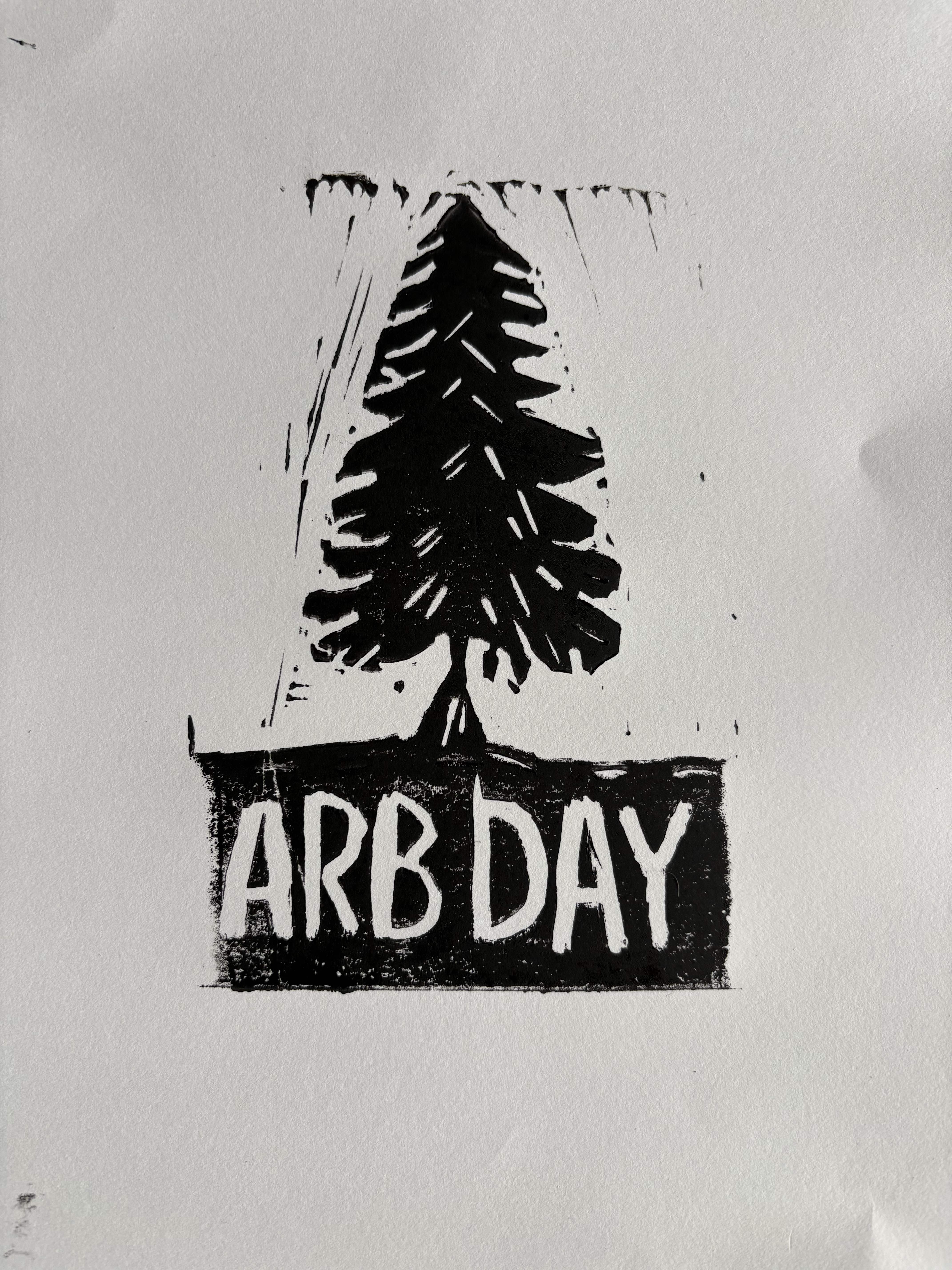 A linocut design of Arb Day