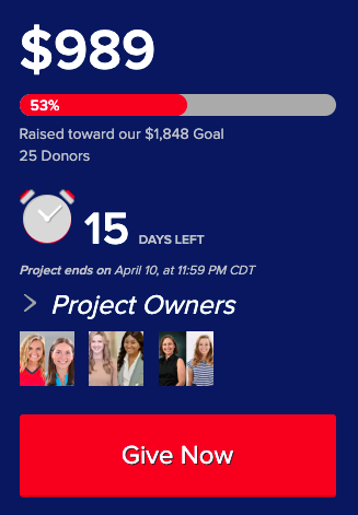 Raised $989 which is 53% of our goal through 25 donors. 15 Days Left. Give Now.