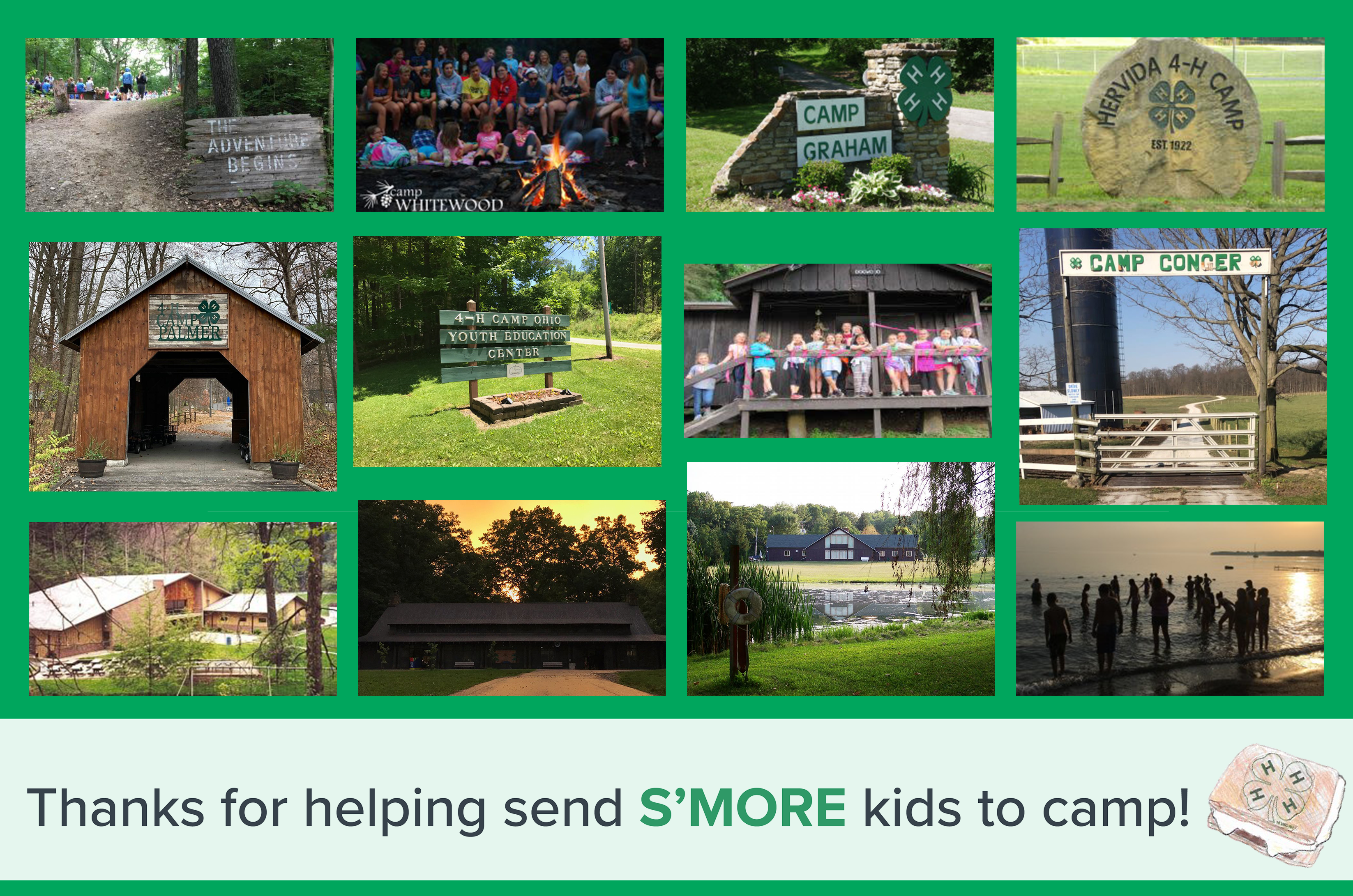Collage of 4-H camp photos with the caption 'Thanks for helping send S'more kids to camp!' below them