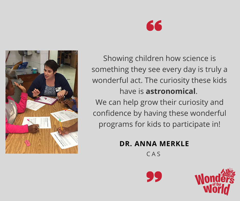 A quote from Dr. Anna Merkle. To the left of the quote is a picture of her sitting at a table with students working on worksheets. 