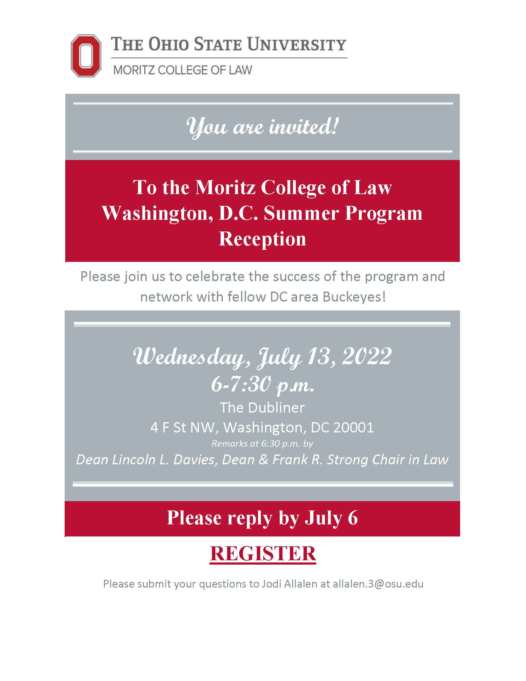 Online invitation to the Moritz College of Law Washington D.C. Summer Program Reception with the date of event, rvsp date, and registration link