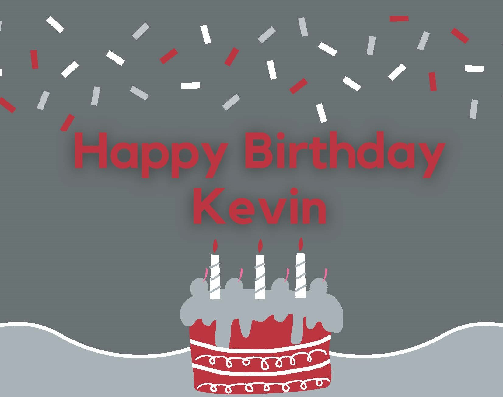 A graphic that reads 'Happy Birthday Kevin' and a birthday cake