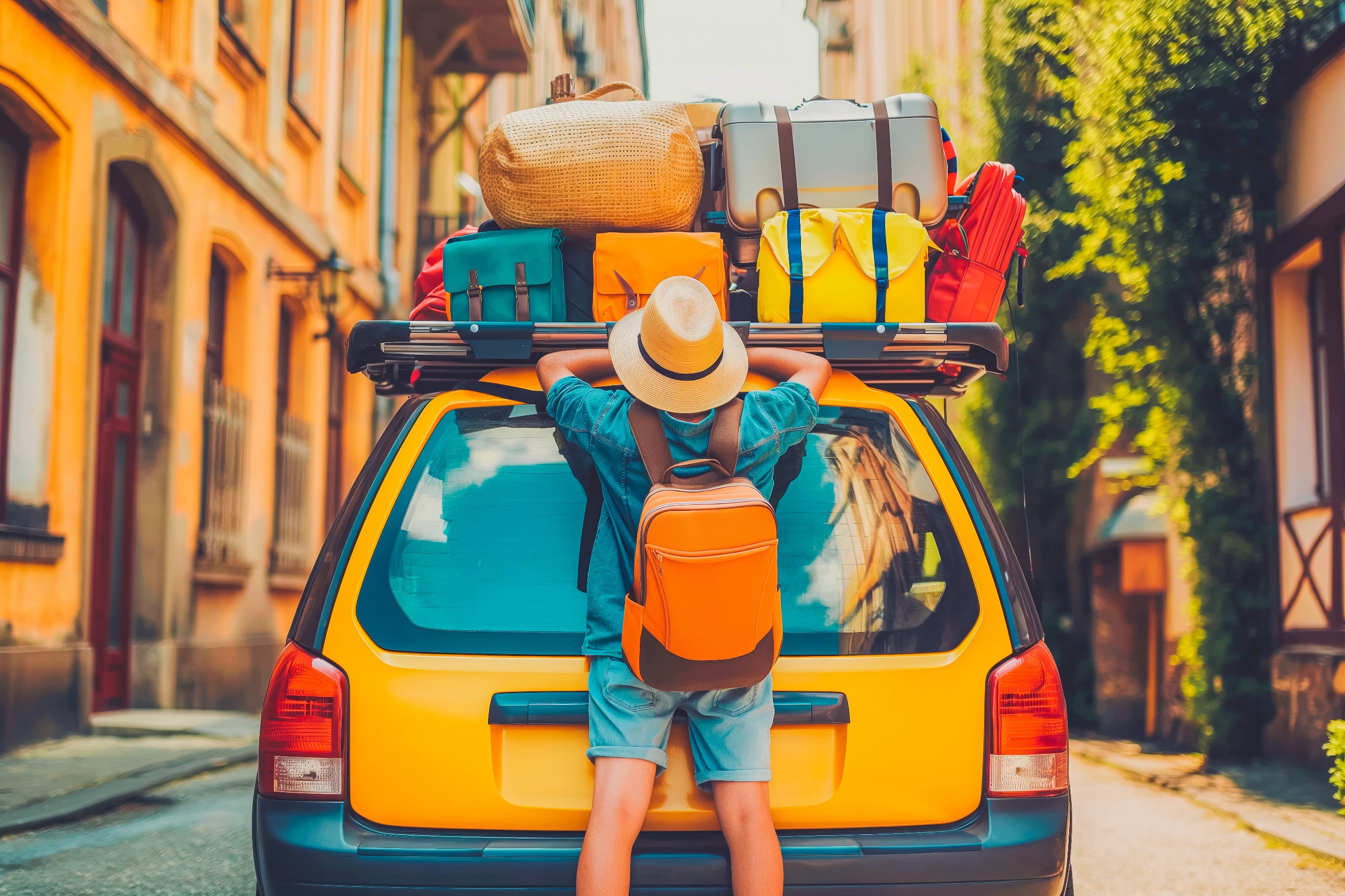 A person with luggage on the back of a car

Description automatically generated