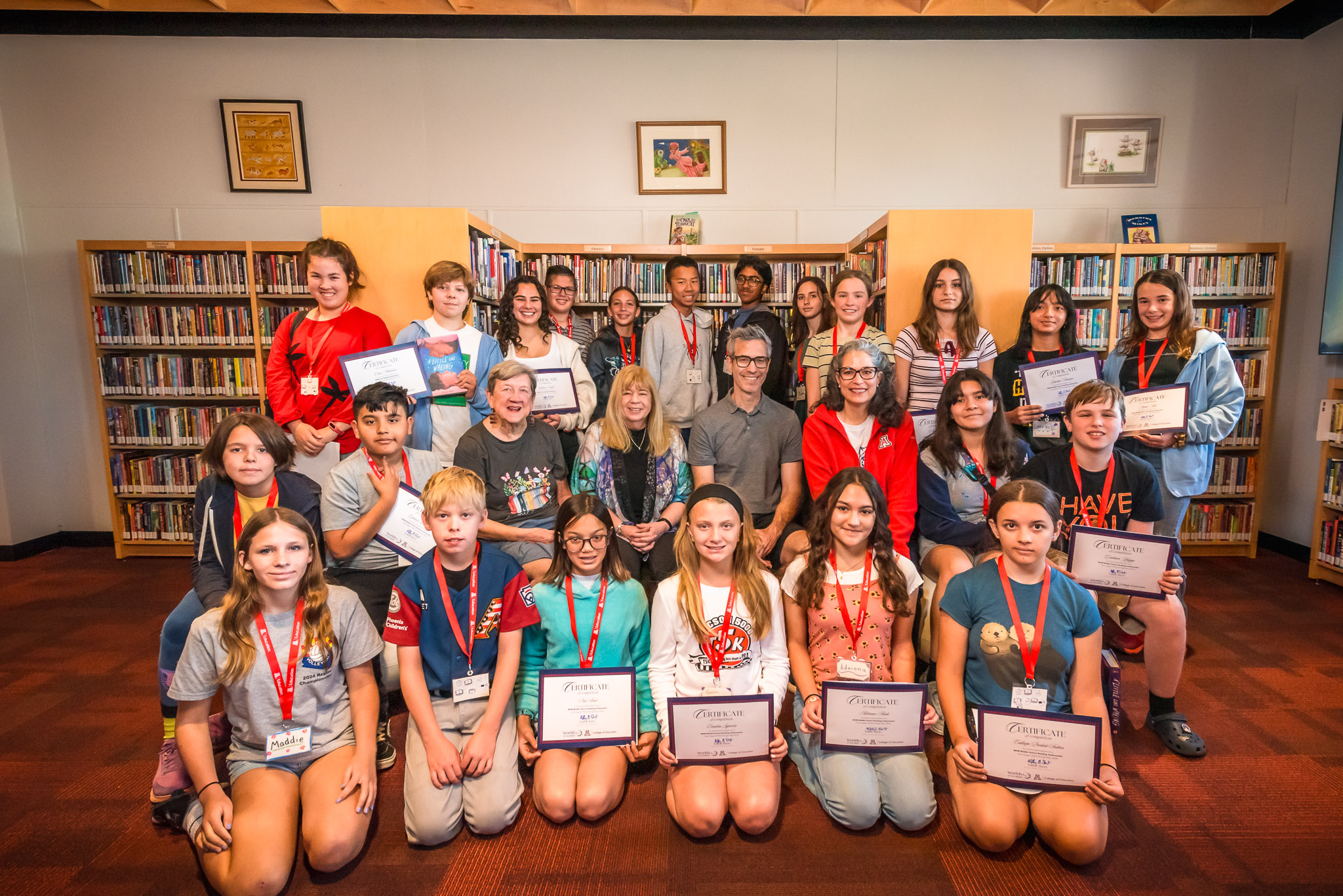 group photo with 26 Reading Ambassadors, admins, and Adam Rex