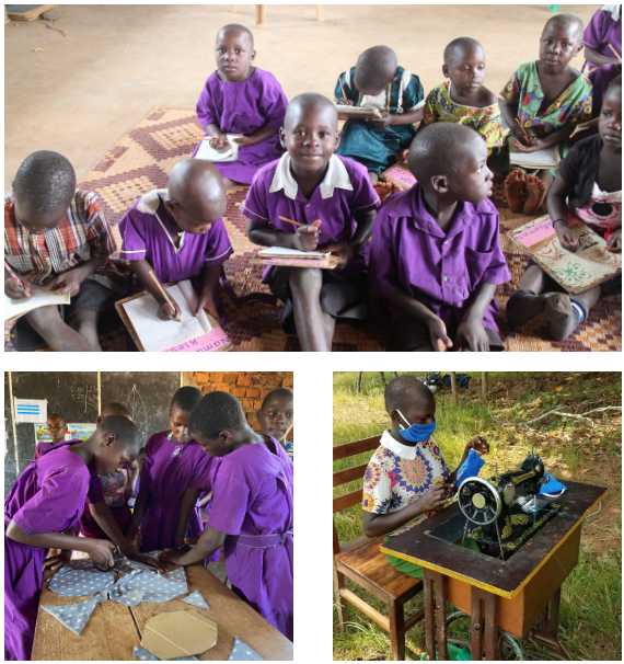 Three photos. One of school children sitting on the floor with notebooks and pencils learning. Second photo of young students learning how to make sanitary pads. Third photo is of a young student learning to sew face masks.