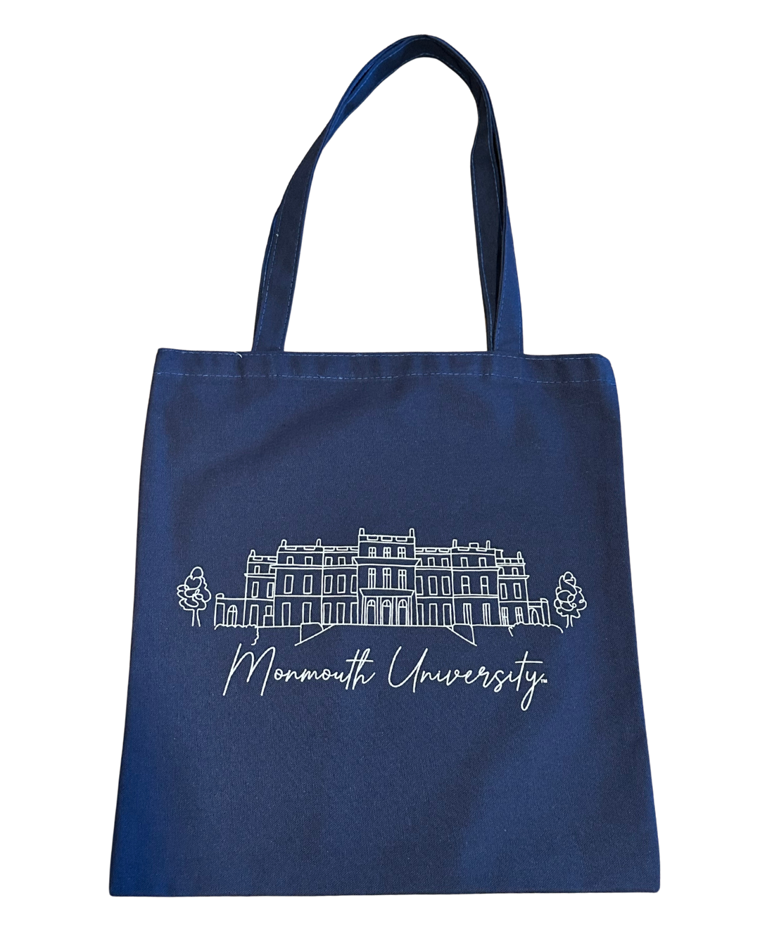 navy blue tote with a drawing of the great hall and monmouth university written below it