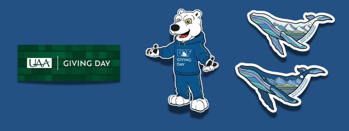 Stickers for UAA, UAF, and UAS. UAA is the UA Giving Day logo. UAF's is Nook wearing a track suit with the UAF Giving Day logo on it. UAS' is 2 whale stickers with mountain scenes illustrated within the whale.