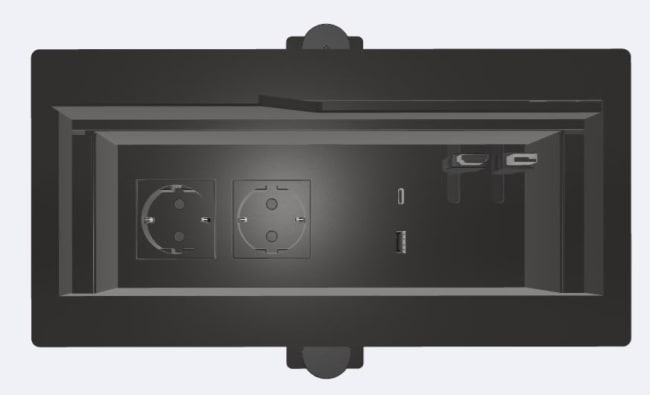 Bordbrønn sort liten 2x230V, 2xUSB 2x slot til kabe