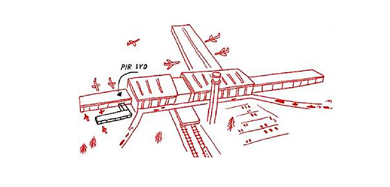 Slik ligger pir syd i forhold til resten av flyplassen. Tegning: OSL