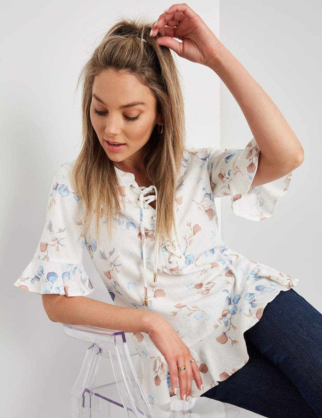 Rockmans Elbow Sleeve Eyelet Tie Front Top Womens ONEWOMAN Shop