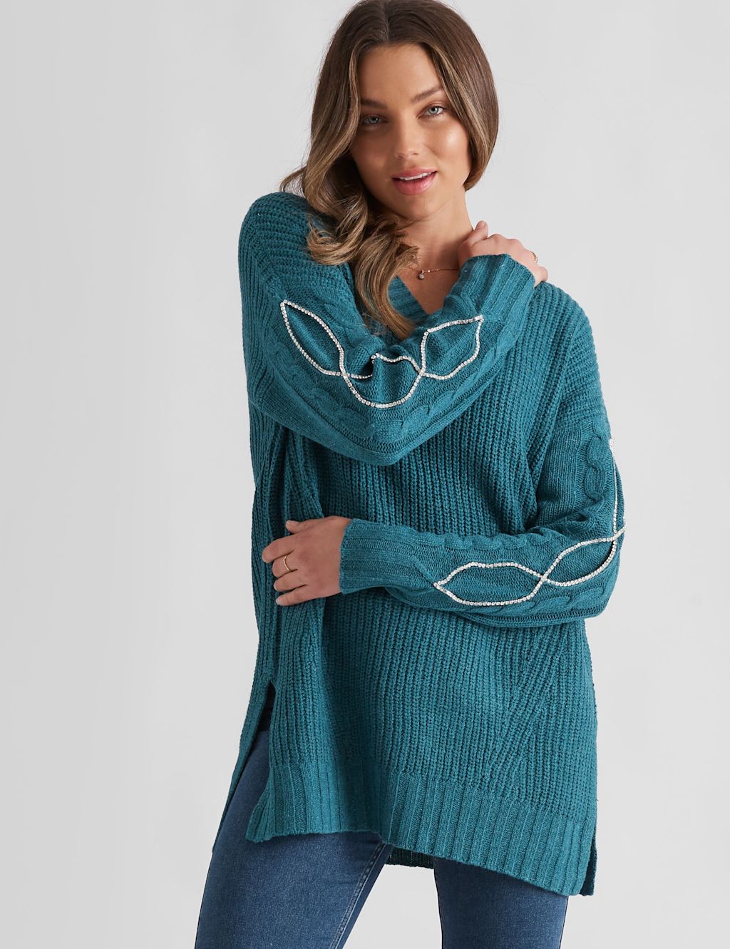 Mosaic Brands Rockmans Long Sleeve V Neck Diamante Detail Jumper