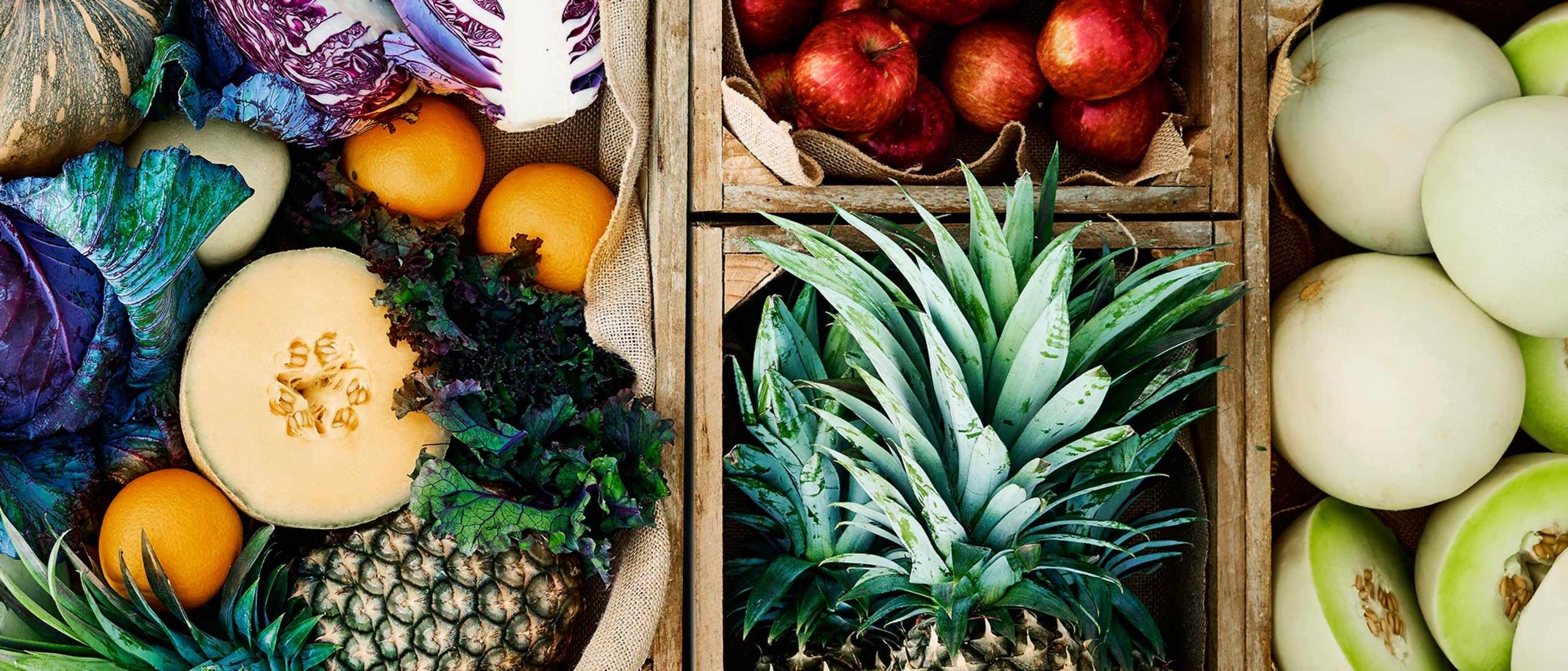 Crates of fresh fruits and vegetables