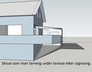 Skisse av terreng under terrasse som mu00e5 ha nye fundament