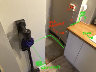 This gives a rough overview of the new wiring, and what we want removed. As mentioned, we are not sure what the unit pointed to in red is. May be something to do with the aqua stop or most likely is not needed any more. If so we would like it removed and the wiring re-routed.