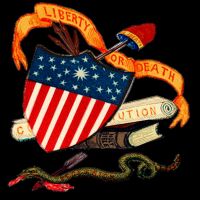 A mishmash of US political themed imagery including a stars-and-stripes themed shield, a Liberty or Death banner, the constitution, and a Bible, all crushing a snake.