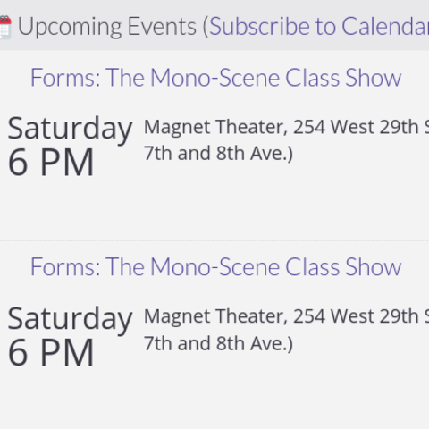 Screenshot of a list of upcoming events from this site's homepage. Show details and links in this post.