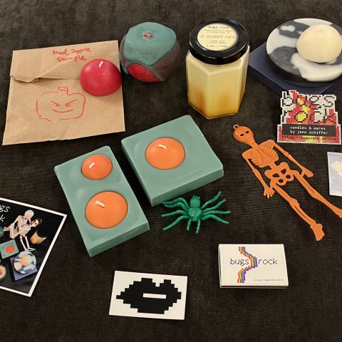Scary candles, stickers, and plastic doo-dads from the bugs rock store.
